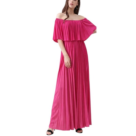 Hot Pink Women's Off Shoulder Pleated Maxi Dress - Fuchsia Flowy Boho Chic L - Picture 5 of 9